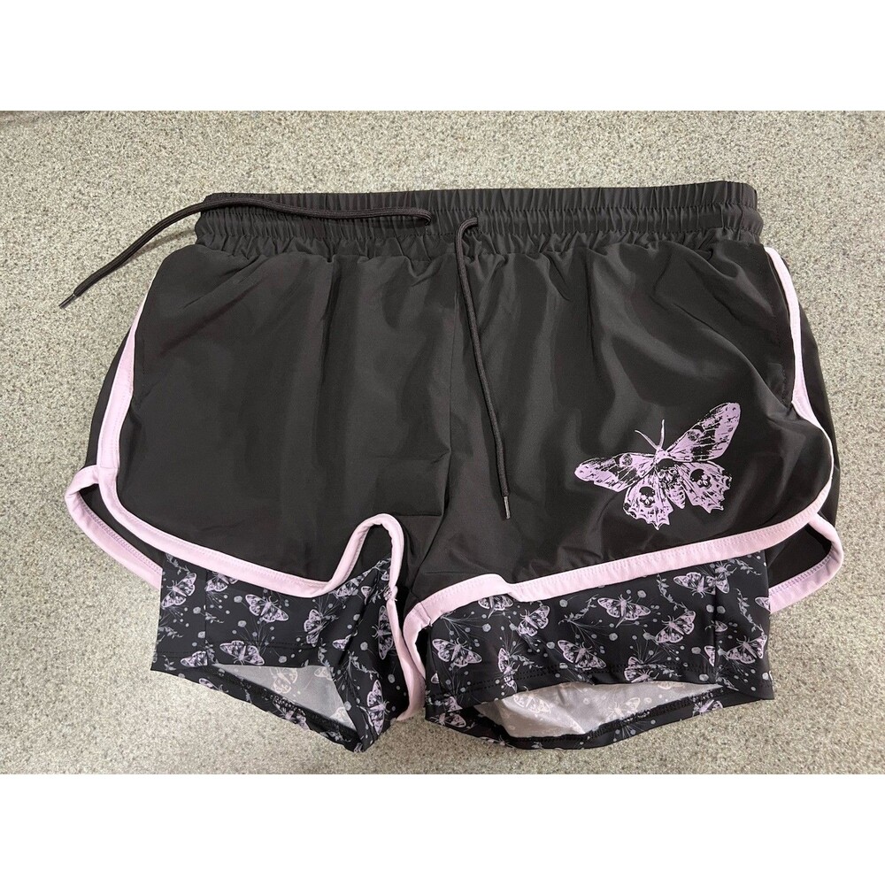 Hot Topic Woman's Shorts XL Black And Lavendar Butterflies Layered